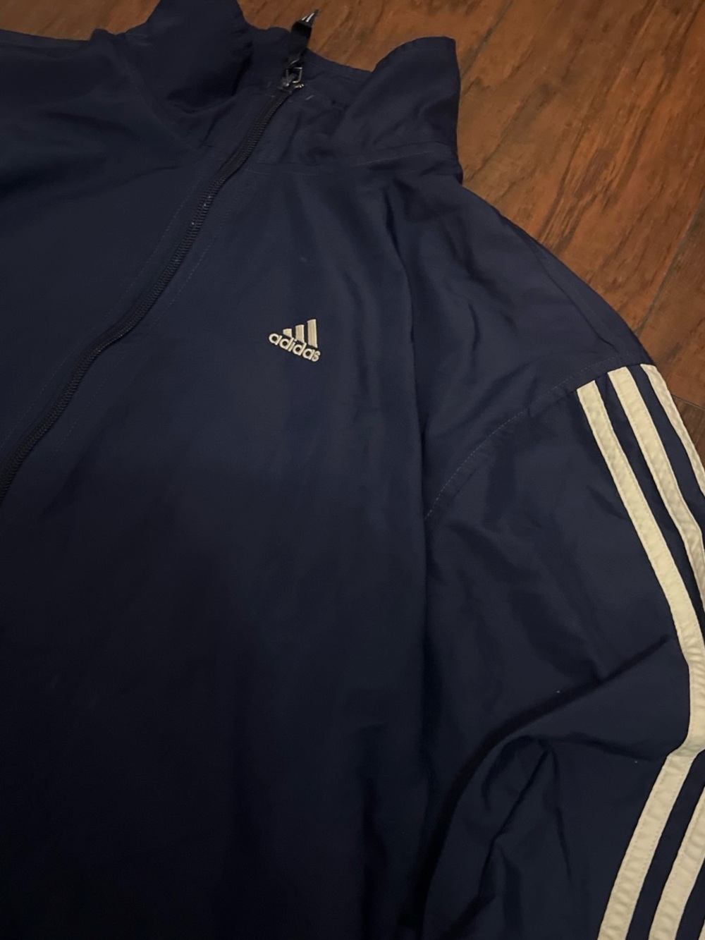 Vintage Y2K adidas Men's Navy Blue Full-Zip Track Jacket White Stripes